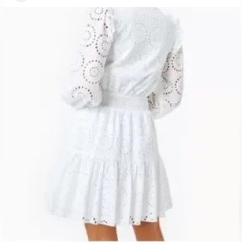 Lilly Pulitzer White Eyelet Long Sleeve Smocked Waist Taviana Dress SIZE 16 - Picture 4 of 11